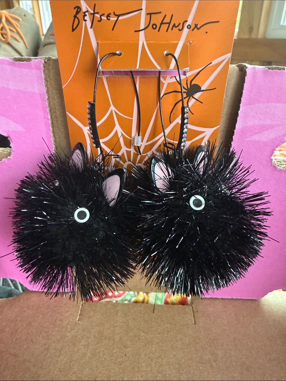 Betsey Johnson Black Fuzzy Pom Cat Hoop Earrings